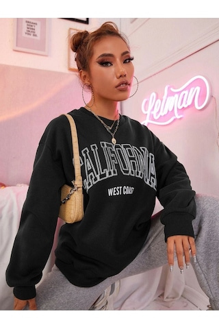 Altamira Unisex Siyah California West Baskılı Bisiklet Yaka Oversize Sweatshirt 001
