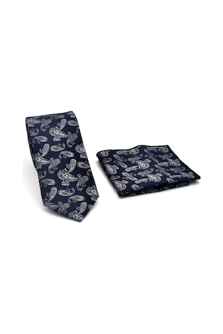 Gaffy Gri Şal Desenli Lacivert Dokuma Kumaş Mendilli Slim Fit Kravat // Sdk-2507-2 Lacivert