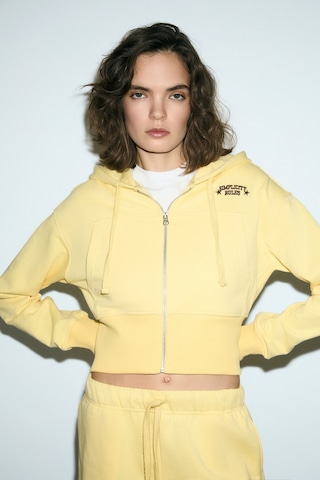 Grımelange Elara Kadın Metal Fermuarlı Nakışlı Kapüşonlu Crop Sarı Sweatshirt Sarı