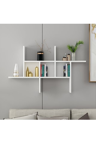 Madagaskar Duvar Rafı – Asimetrik Tasarım, Duvara Monte Dekoratif Kitaplık - Beyaz