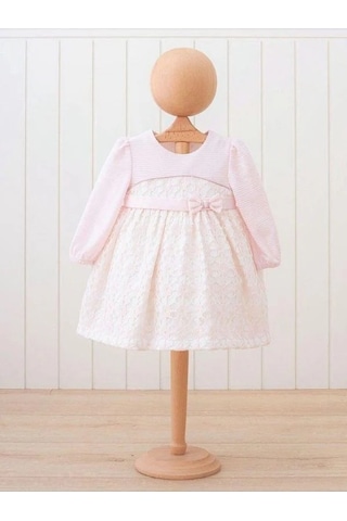 Miomini Baby Kız Bebek Çizgili Fiyonklu Şık Elbise-15173 Pudra