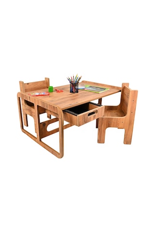 Çocuk Aktivite Oyun Masası - Çalışma Ve Hamur Masası - 2 Sandalye ceviz