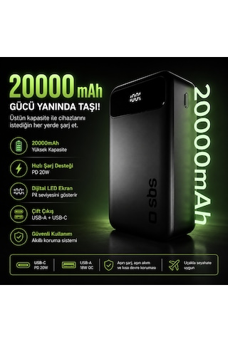 Sbs 20000 Mah Powerbank 20w Pd Hızlı Şarj Lcd Ekranlı Usb-c & Usb-a Taşınabilir Harici Batarya Siyah 20.000 Mah