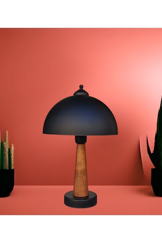 Legna Abajur Siyah Metal Sıvama Siyah Şapkalı Ahşap Gövdeli