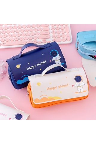 Sevimli Karikatür Desenli İlkokul Öğrencileri İçin Taşınabilir Kırtasiye Çantası, Yaratıcı Uzay Temalı Kalem Kutusu, Renkli Ve Pratik Okul Malzemeleri Saklama Kutusu Turuncu