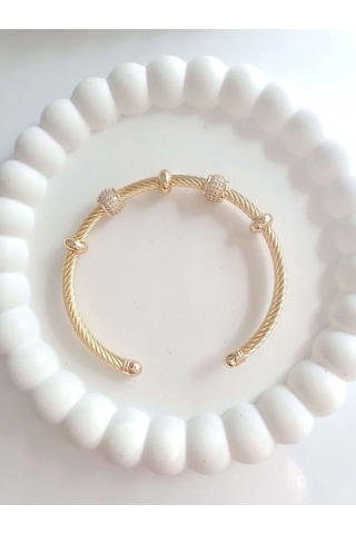 Çelik Gold Taşlı Kadın Kelepçe Bileklik Sevgiliye Hediye Altın