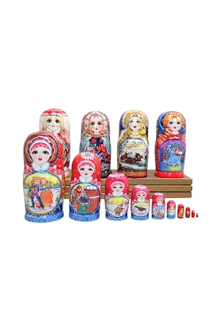 Onlu Ahşap Matruşka Bebek Seti 20cm Lüks Renkli 10 Parça M20