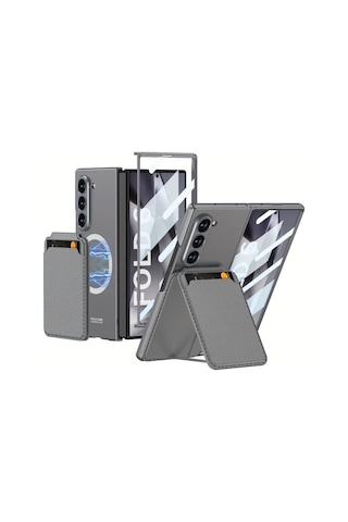 Turcoshop11 Samsung Z Fold 6 Manyetik Kart Yuvası Ayrılabilir Kapaklı Film Entegre Kılıf Brown