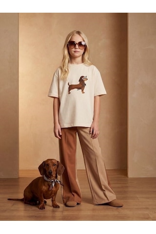 Zekids Kız Çocuk Köpek Baskılı Taş Detaylı Tasarım T-shirt-17187 Krem