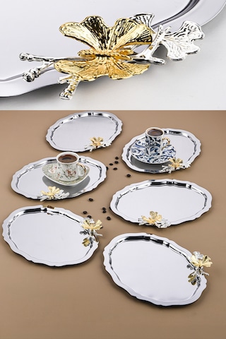 6 Adet Oval Kelebek Aksesuarlı Kahve-çay Servis Ve Sunum Tepsisi