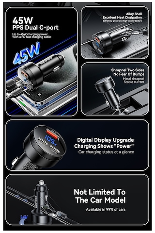105w Araç Şarjı Type-c+usb Üç Giriş Hızlı Pd Ce Lisanslı Dijital