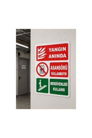Yangın Anında Asansörü Kullanmayın Uyarı Levhası 25x35 Cm İş Güvenliği Tabelası Dekota Pvc