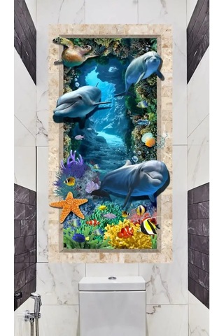 Sprintfox Banyo İçin Duvara Yapıştırılan 3d Seramik Stickerleri - Yunus Balıkları 155880373 Mavi