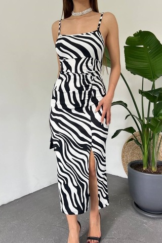 Candybia Zebra Desenli Askılı Derin Yırtmaçlı Bürümcük Yazlık Elbise Zebra Zebra
