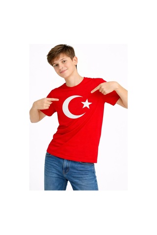 Wear Vexel Erkek Çocuk Tişört Bisiklet Yaka Ay Yıldız Bayrak Baskılı T-shirt - Kırmızı Çok Renkli