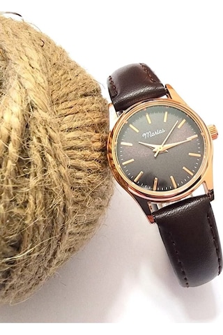 Retro Kadın Kol Saati, Vintage Minimal, Rose Gold Renk, Çizgili Kadran, Koyukahverengi Kordon Rose Gold Kahverengi Kordon Altın