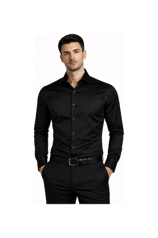 Classics Men Slim Fit Uzun Kollu Kolay Ütü Pamuk Saten Erkek Gömlek Siyah
