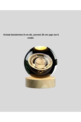 Satürn Desenli Kristal Küre Led Gece Lambası Ahşap Standlı Açık Renk Ahşap