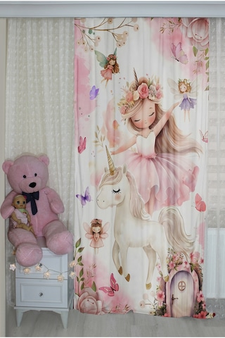 Peri Kız Unicorn Masalı Çift Kanatlı Çocuk Odası Perdesi