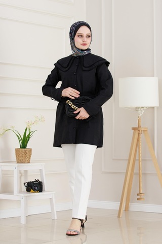 Sevitli Çift Yaka Dantelli Tunik-siyah-4981 Siyah