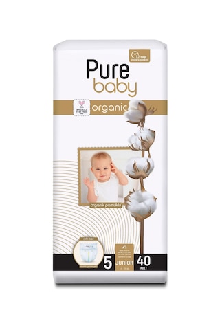 Pure Baby Organik Pamuklu Cırtlı Bez Tekli Paket 5 Numara Junior 40 Adet