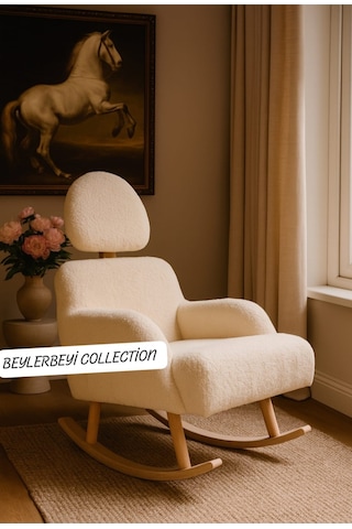 Sallanan Sandalye, Ayarlanabilir Başlıklı Sallanan, Krem Renkli Peluş Kumaş, Tekli Koltuk, Berjer Bej