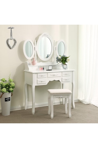Songmıcs 3 Aynalı Ve Tabureli Tuvalet Masası, 7 Çekmece, Eğim Koruması, Lüks, 145 X 90 X 40 Cm, Beya Sku: Smg8690010216533 Açık Ceviz