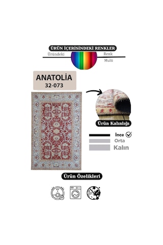 Çam Halı Anatolia 32-073 Etnik Eskitme Desenli Dokuma Tabanlı Yıkanabilir Şönil Salon Ve Oda Halısı Kırmızı