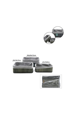 Gri 3 Boy D.dörtgen Bambu Kenar Organizer Sepet Ahşap Altlık - Bezli 25x14-28x18-20x30cm 4887 Renkli