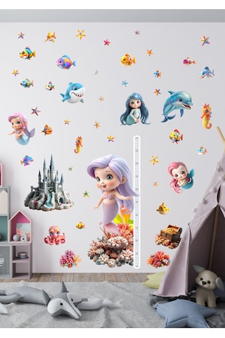 Deniz Kızı Temalı Boy Ölçerli Duvar Sticker Seti - Mat, Sökülebilir, Çocuk Odası Dekoru 01