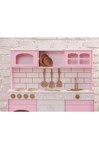 Boyalı Pembe Ahşap Oyuncak Bulaşık Makine Detaylı Mutfak Tabak Ve Spatula Seti Hediye
