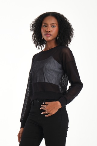 Bisiklet Yaka Petek File Bluz Siyah