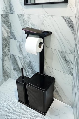 3'ü 1 Arada Banyo Seti Tuvalet Kağıtlık, Çöp Kovası Ve Tuvalet Fırça Takımı Set Çizgili Siyah Diğer