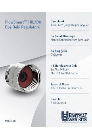 Flowsmart Su Tasarrufu Aparatı Regülatörü 11l/dk, R1/2 Duş...