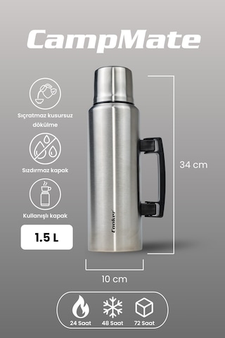 Cooker Ckr2084 Campmate 1.5 L Paslanmaz Çelik Termos Çift Kat Vakumlu, Sızdırmaz Kapaklı, 24 Saat Sıcak 48 Saat Soğuk Kamp, Outdoor, Piknik, Ofis, Otel, Kafe, Okul, Seyahat Gümüş Gümüş