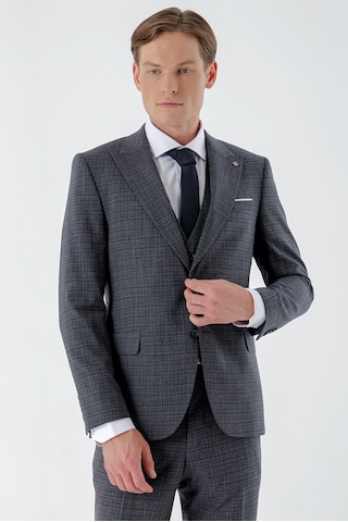 Morven Erkek Lacivert Poliviskon Trend Yelekli Ekoseli Slim Fit Sivri Yaka Takım Elbise 24mc001021200 Lacivert