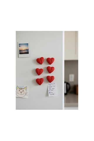 Kelebek Desenli Kırmızı Kalp Buzdolabı Magnet Seti - 6'lı Dekoratif Mıknatıslı