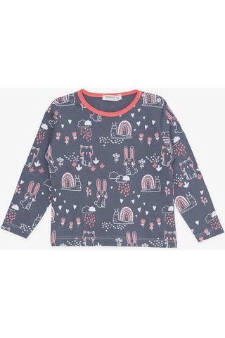 Breeze Kız Bebek Pijama Takımı Hayvancık Desenli Doğa Temalı 9 Ay-3 Yaş, Füme-füme Füme