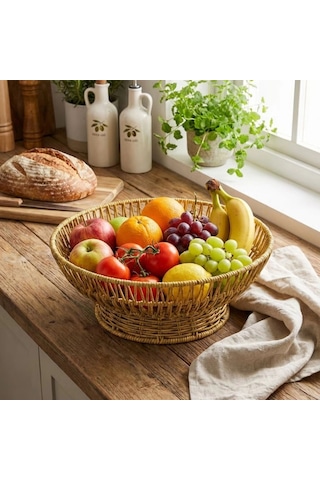 31 Cm Plastik Rattan Servis Çanağı Doğal Hasır Görünümlü Dekoratif Meyve, Ekmek Ve Sunum Kasesi Bx40 001 Siyah