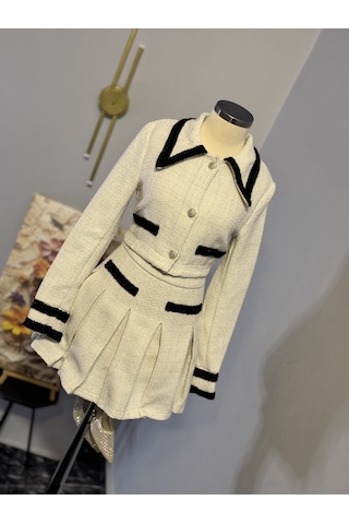 Maison Meda Gold Touch Tweed Set Kışlık Lüks Şık Ceket & Etek Takım Bej