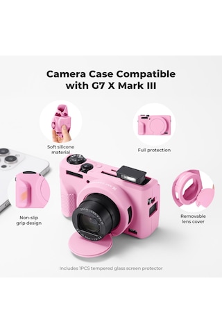 K&f Concept K&f Canon G7x Mark Iıı Uyumlu Silikon Kılıf + Ekran Koruyucu / Pembe Pembe