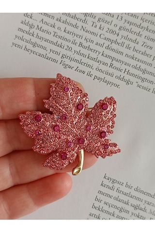 Zirkon Taşlı Çınar Yaprağı Broş, Kadın Yaka İğnesi Pembe