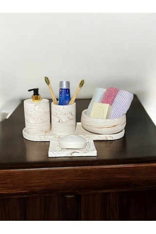 5'lı Banyo Seti Sıvı Sabunluk Diş Fırçalığı,havluluk,tepsi,katı Sabunluk Bej