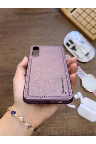 Samsung Galaxy A70 Uyumlu Premium Deri Dokulu Darbelere Karşı Dayanıklı Nazal Silikon Kılıf Mor