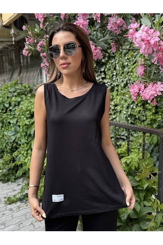 Simala Kadın Askılı Yuvarlak Yaka Viskon Iki Iplik Bluz Ve Eşofman Altı Ikili Takım Siyah