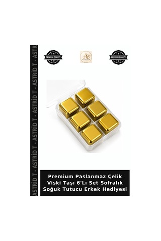 Premium Paslanmaz Çelik Viski Taşı 6'lı Set Sofralık Soğuk Tutucu Erkek Hediyesi