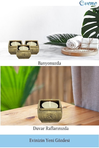 Eskitme Mumluk Şamdan Tealight Mum Uyumlu Mini Çizgili Çiçekli Model - Altın Eskitme