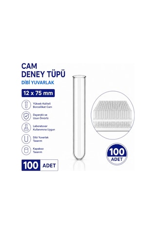12x75 Mm Cam Deney Tüpü Dibi Yuvarlak 100 Adet Laboratuvar Test Tüpü
