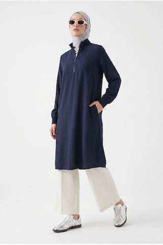 Armine Trend Yarım Fermuarlı Kolları Lastikli Çilek Kumaş Tunik Lacivert 26yt462