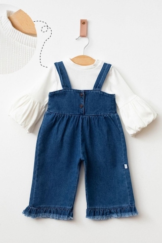 Kız Bebek Jean Püsküllü Salopet Ve Pamuklu Body 2'li Takım Koyu Mavi